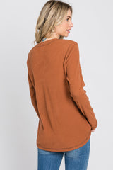 Rust Ribbed Top Stitch Long Sleeve Top