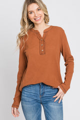 Rust Ribbed Top Stitch Long Sleeve Top