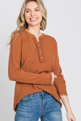 Rust Ribbed Top Stitch Long Sleeve Top