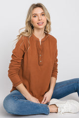 Rust Ribbed Top Stitch Long Sleeve Top