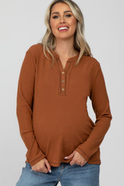 Rust Ribbed Top Stitch Long Sleeve Maternity Top