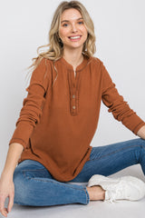 Rust Ribbed Top Stitch Long Sleeve Top