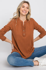 Rust Ribbed Top Stitch Long Sleeve Top