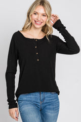 Black Ribbed Button Front Top