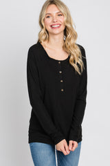 Black Ribbed Button Front Top