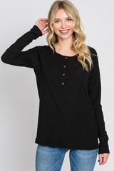 Black Ribbed Button Front Top