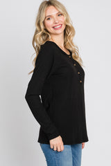 Black Ribbed Button Front Top