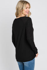 Black Ribbed Button Front Top