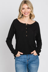 Black Ribbed Button Front Top