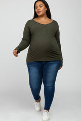 Olive Ribbed Button Front Maternity Plus Top