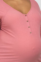 Pink Ribbed Button Front Maternity Plus Top