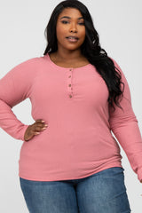 Pink Ribbed Button Front Plus Top