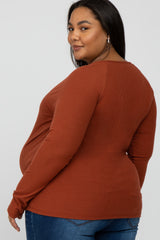 Rust Ribbed Button Front Maternity Plus Top