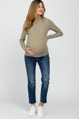 Olive Striped Mock Neck Lettuce Edge Maternity Top