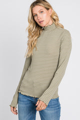 Olive Striped Mock Neck Lettuce Edge Top