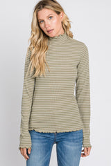 Olive Striped Mock Neck Lettuce Edge Top