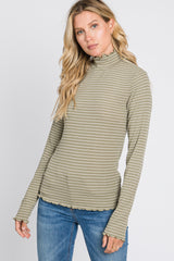 Olive Striped Mock Neck Lettuce Edge Top