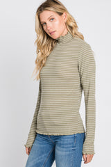 Olive Striped Mock Neck Lettuce Edge Top