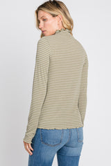 Olive Striped Mock Neck Lettuce Edge Top