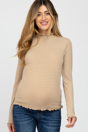 Beige Striped Mock Neck Lettuce Edge Maternity Top