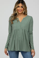 Olive Ribbed Long Sleeve Babydoll Maternity Top