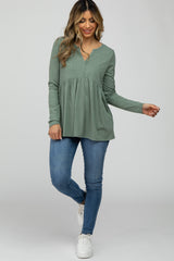 Olive Ribbed Long Sleeve Babydoll Top