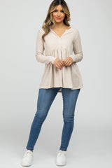 Beige Ribbed Long Sleeve Babydoll Top