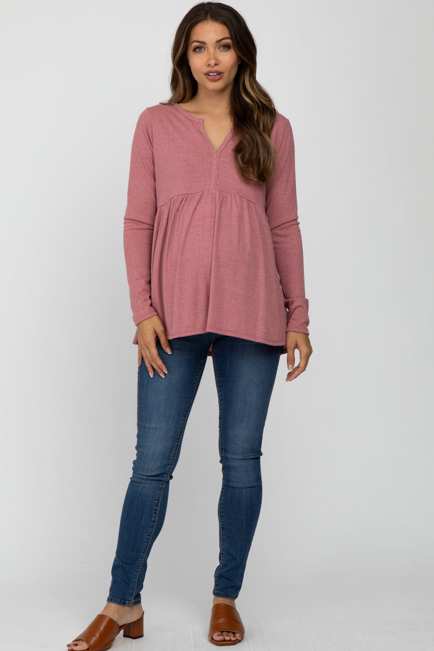 Mauve Ribbed Long Sleeve Babydoll Maternity Top– PinkBlush