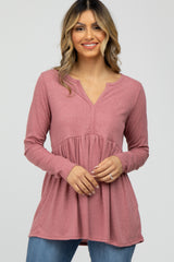 Mauve Ribbed Long Sleeve Babydoll Top