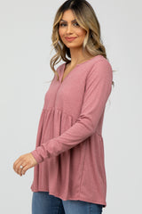 Mauve Ribbed Long Sleeve Babydoll Top