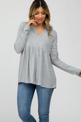 Heather Grey Ribbed Long Sleeve Babydoll Top