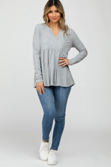 Heather Grey Ribbed Long Sleeve Babydoll Top