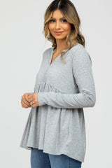 Heather Grey Ribbed Long Sleeve Babydoll Top