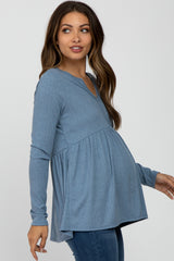 Blue Ribbed Long Sleeve Babydoll Maternity Top