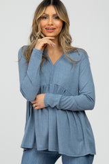 Blue Ribbed Long Sleeve Babydoll Top