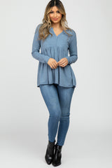 Blue Ribbed Long Sleeve Babydoll Top