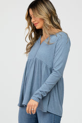 Blue Ribbed Long Sleeve Babydoll Top