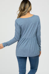 Blue Ribbed Long Sleeve Babydoll Top