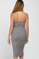 Grey Ribbed Square Neck Sleeveless Maternity Midi Dress