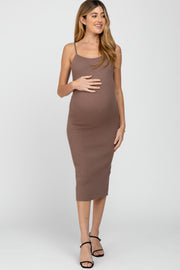 Mocha Ribbed Square Neck Sleeveless Maternity Midi Dress