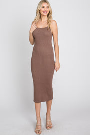 Mocha Ribbed Square Neck Sleeveless Midi Dress