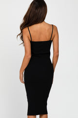 Black Ribbed Square Neck Sleeveless Midi Dress