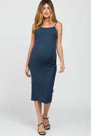 Navy Blue Ribbed Square Neck Sleeveless Maternity Midi Dress