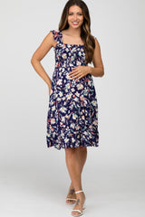 Navy Floral Smocked Maternity Dress