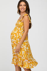 Mustard Floral Smocked Maternity Dress