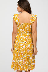 Mustard Floral Smocked Maternity Dress