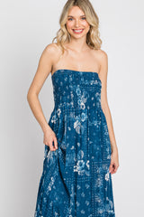 Blue Floral Paisley Smocked Strapless Maxi Dress