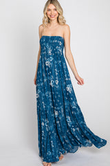 Blue Floral Paisley Smocked Strapless Maxi Dress