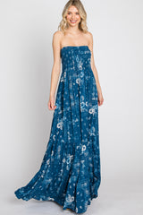 Blue Floral Paisley Smocked Strapless Maxi Dress