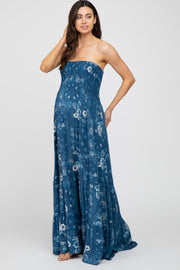 Blue Floral Paisley Smocked Strapless Maternity Maxi Dress